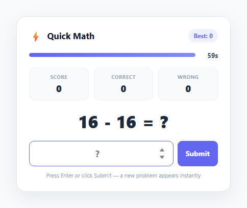 Screenshot of the Quick Math Arithmetic Game snippet rendered live