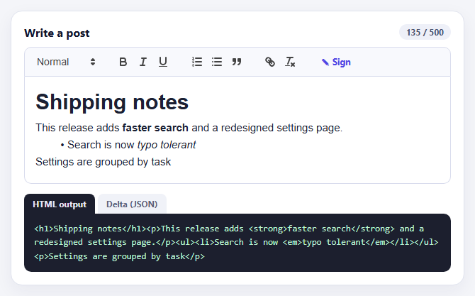 Quill Rich Text Editor with Custom Toolbar and Character Limit