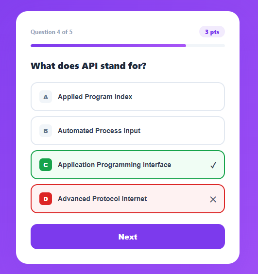 Screenshot of the Quiz Card snippet rendered live