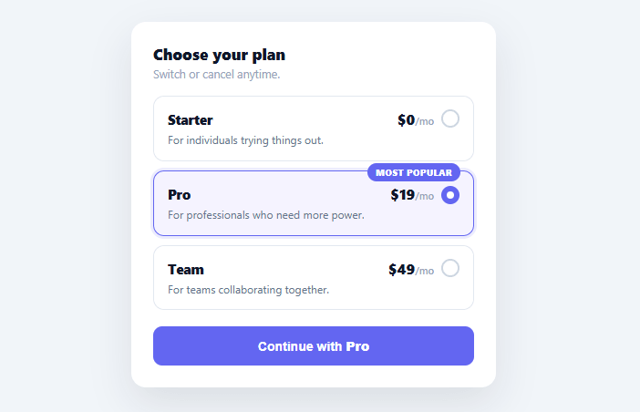 Screenshot of the Radio Card Group snippet rendered live