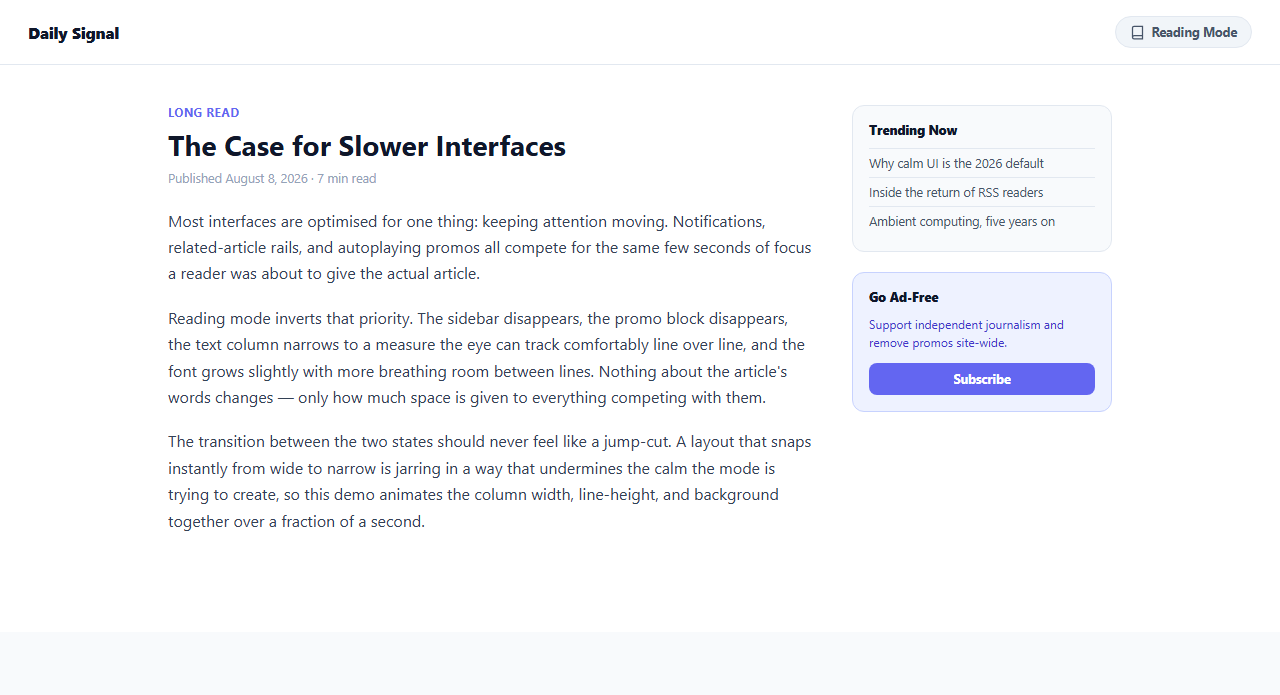 Screenshot of the Distraction-Free Reading Mode Toggle snippet rendered live