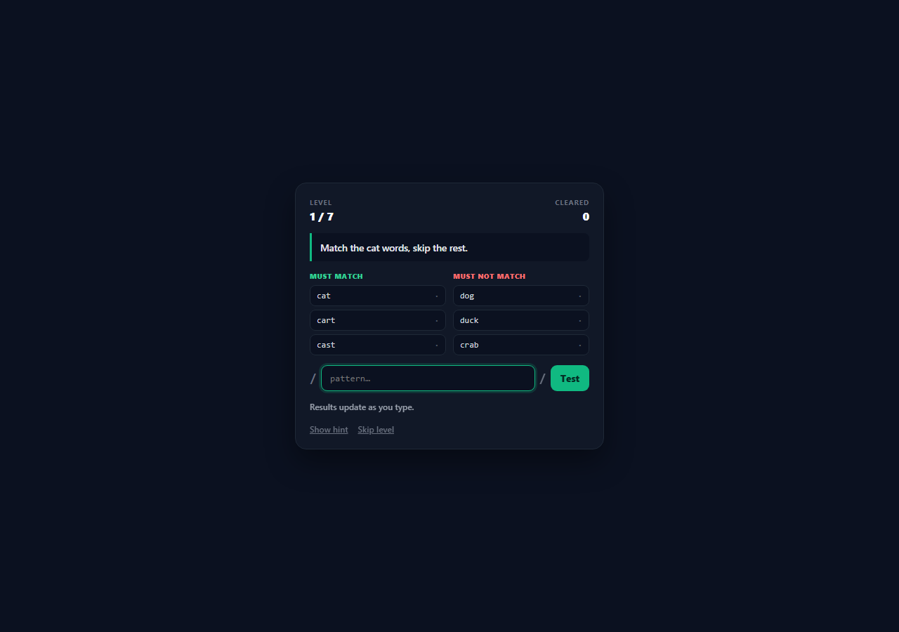 Screenshot of the Regex Match Game snippet rendered live