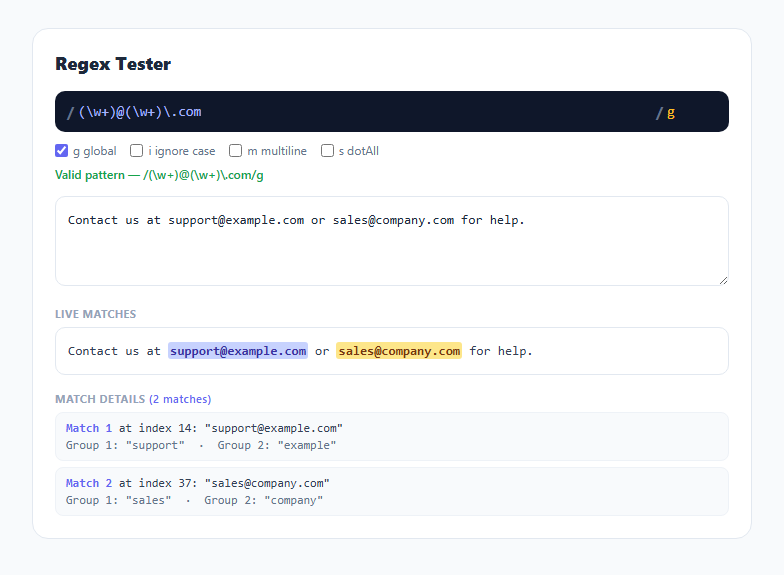 Screenshot of the Regex Tester & Match Visualizer snippet rendered live
