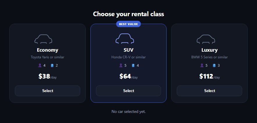 Screenshot of the Rental Car Comparison Cards snippet rendered live
