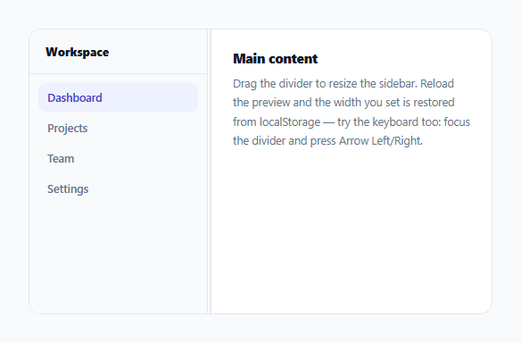 Screenshot of the Resizable Sidebar with Persisted Width snippet rendered live