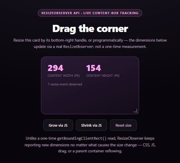 Screenshot of the ResizeObserver Live Card snippet rendered live