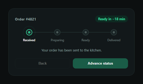 Screenshot of the Restaurant Order Status Tracker snippet rendered live
