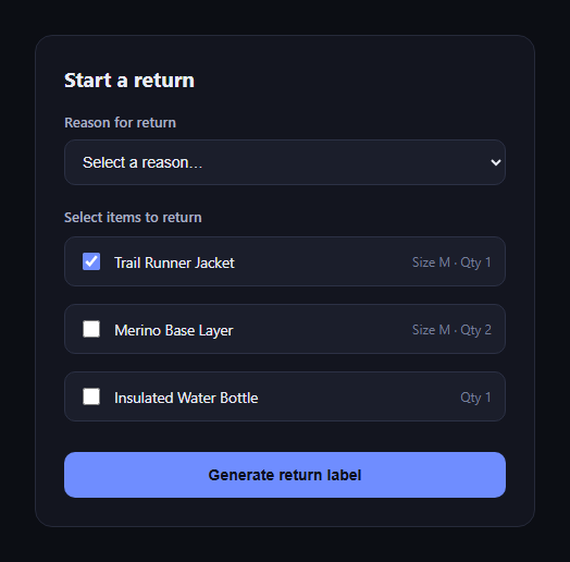 Screenshot of the Return Label Generator snippet rendered live