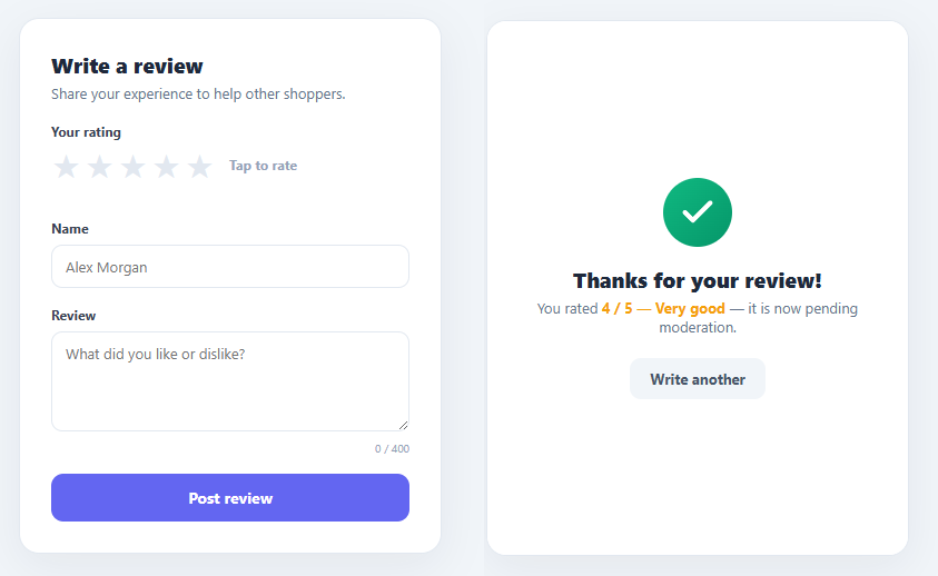 Screenshot of the Review Form snippet rendered live