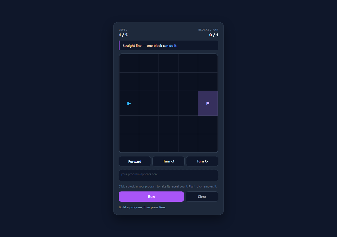 Screenshot of the Robot Loop Programmer Game snippet rendered live
