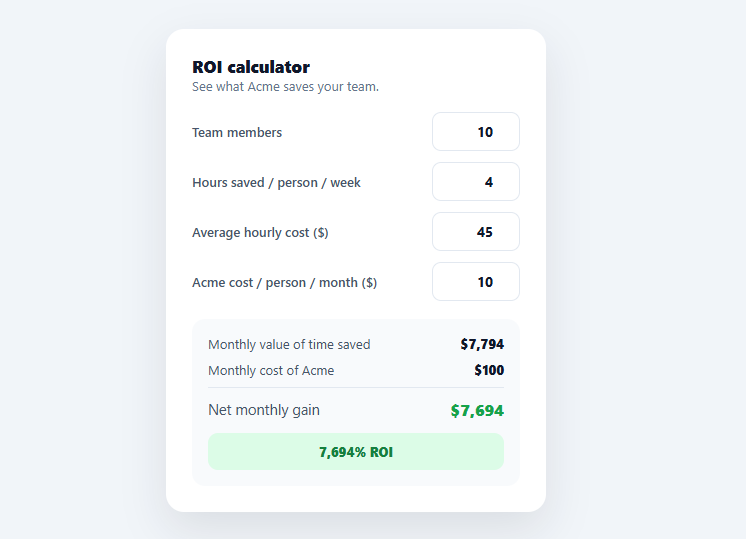 Screenshot of the ROI Calculator snippet rendered live