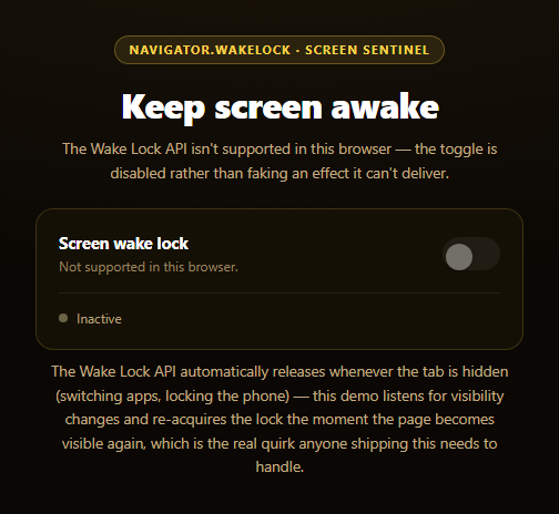 Screenshot of the Screen Wake Lock Toggle snippet rendered live