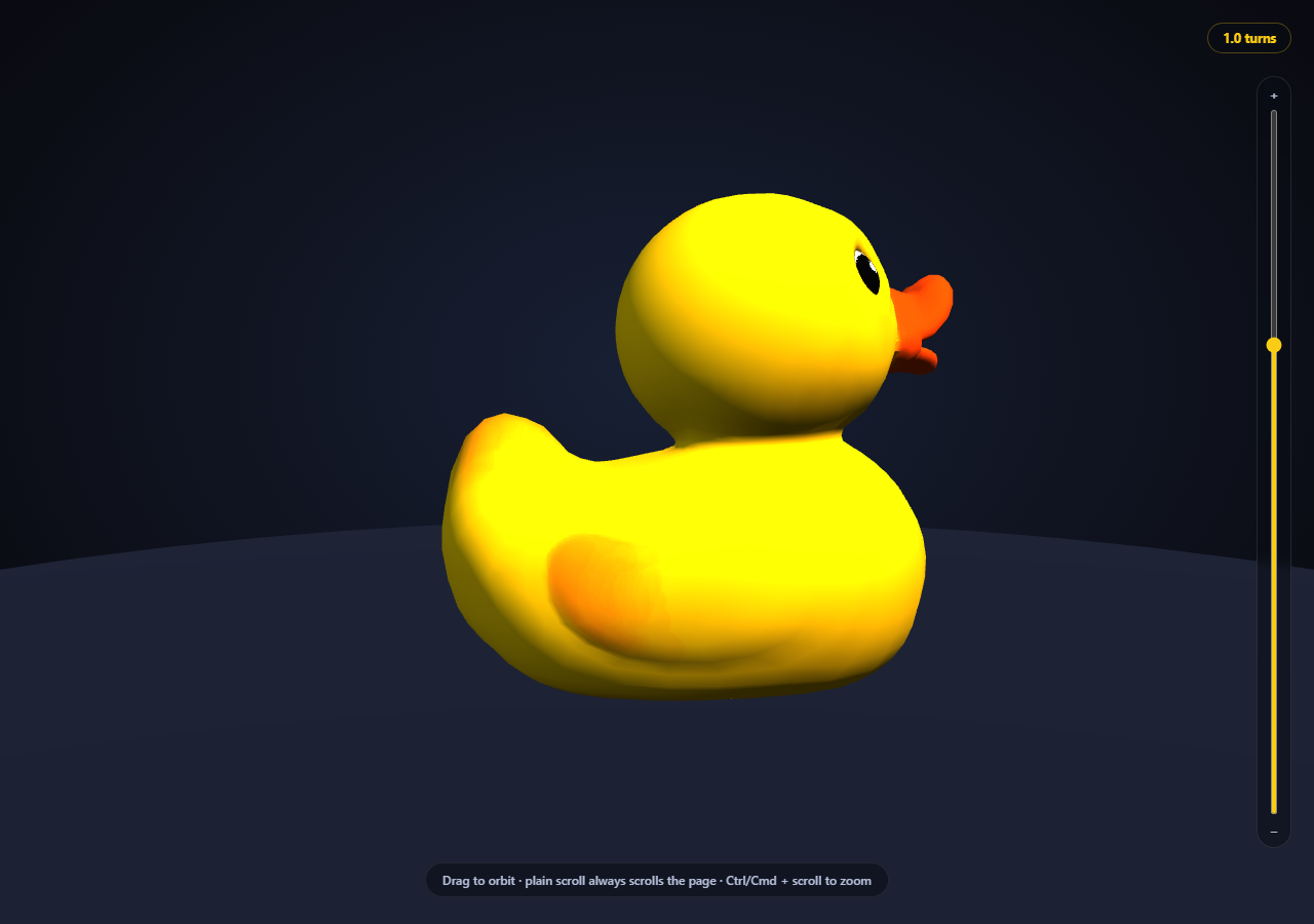 Screenshot of the Scroll-Scrubbed GLB Turntable snippet rendered live