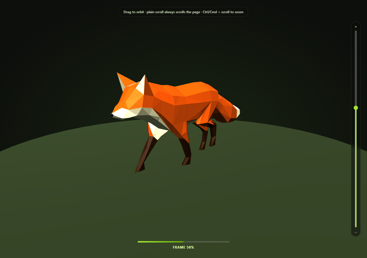 Screenshot of the Scroll-Scrubbed GLB Walk Cycle snippet rendered live