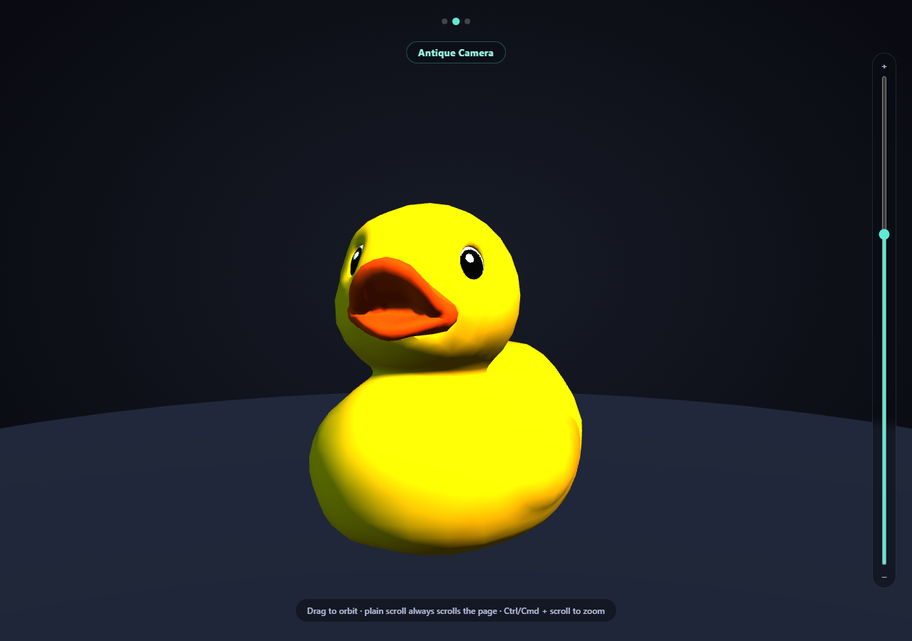 Screenshot of the Scroll-Triggered GLB Model Carousel snippet rendered live