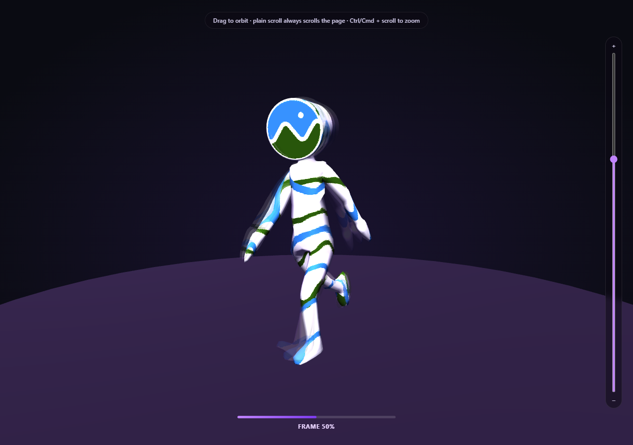 Screenshot of the Scroll-Scrubbed GLB Motion Trail snippet rendered live