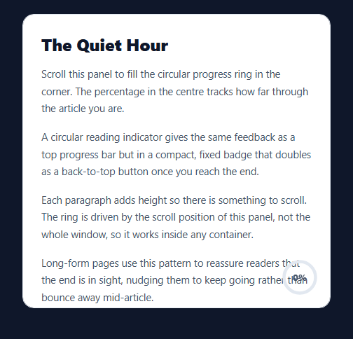 Screenshot of the Scroll Progress Circle snippet rendered live