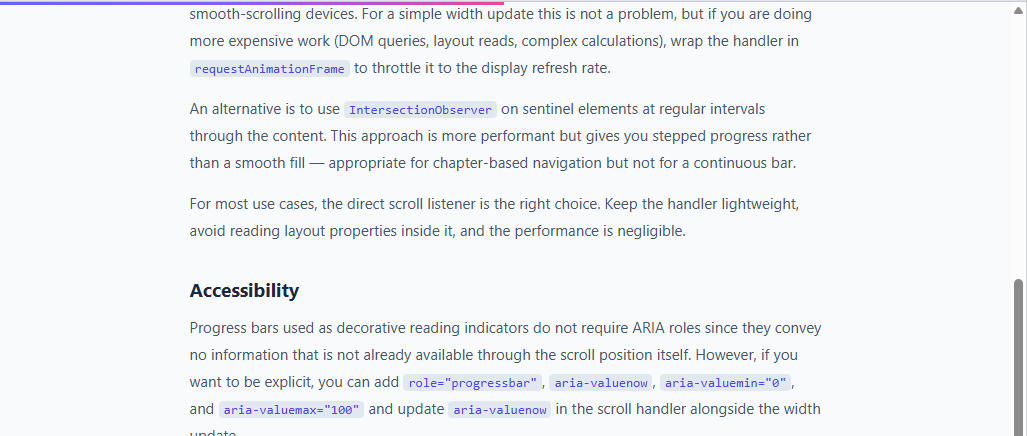 Screenshot of the Scroll Progress Bar snippet rendered live