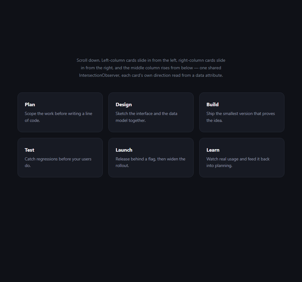 Screenshot of the Direction-Aware Grid Reveal (IntersectionObserver) snippet rendered live