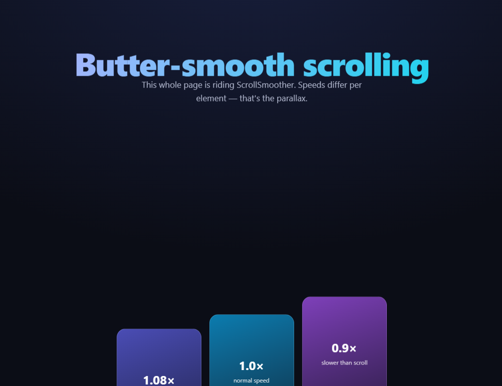 Screenshot of the ScrollSmoother Parallax Page snippet rendered live