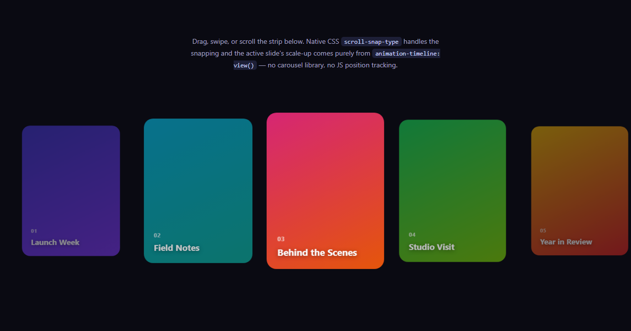 Screenshot of the Scroll-Snap Carousel (view-timeline Scale) snippet rendered live