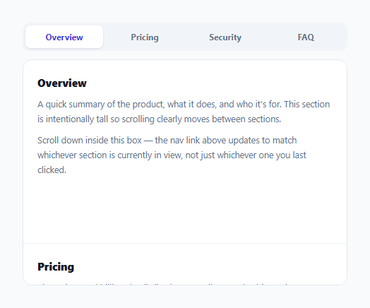 Screenshot of the Scrollspy Navigation — Active Link Tracks the Section in View snippet rendered live