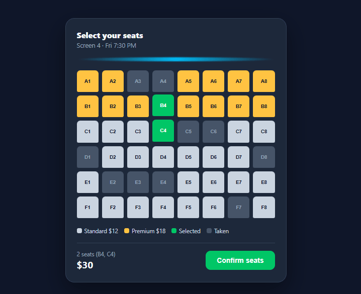 Screenshot of the Seat Picker snippet rendered live