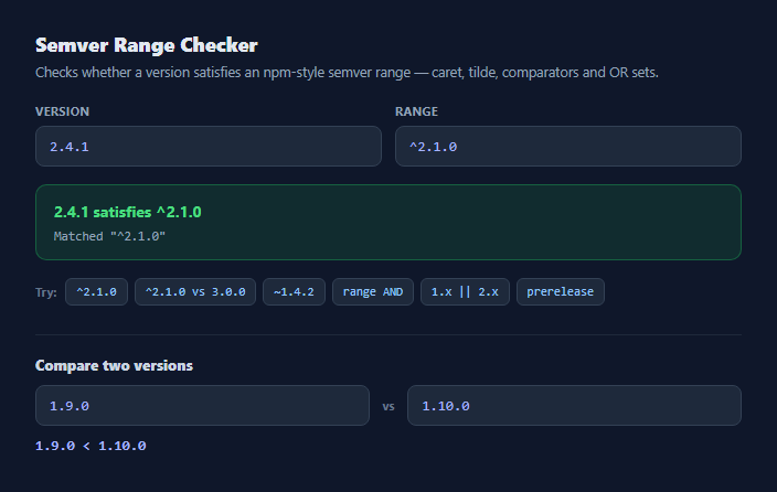 Screenshot of the Semver Range Checker snippet rendered live