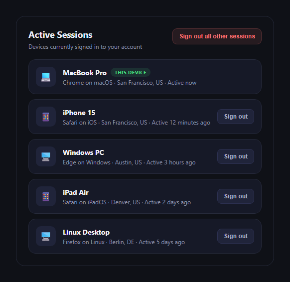 Screenshot of the Active Sessions / Device List snippet rendered live