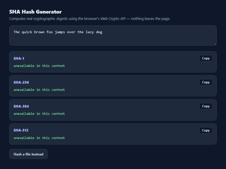 Screenshot of the SHA Hash Generator snippet rendered live