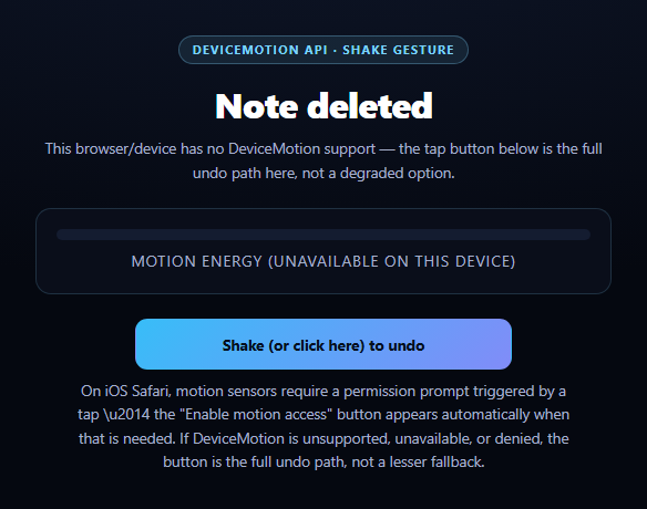 Screenshot of the Shake to Undo snippet rendered live
