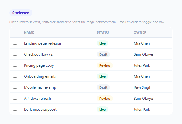 Screenshot of the Shift-Click Range Select in a Table (Gmail/Sheets-Style) snippet rendered live