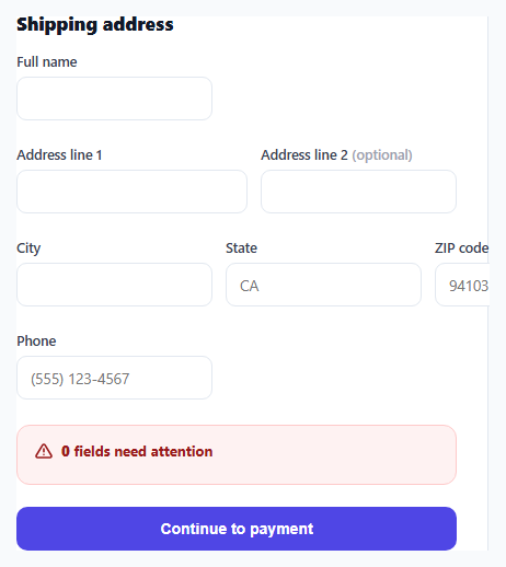 Screenshot of the Shipping Address Form — Live Validation Error Summary snippet rendered live