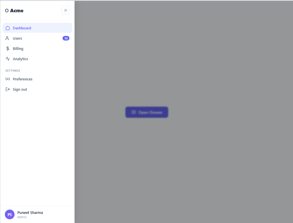 Screenshot of the Side Drawer snippet rendered live