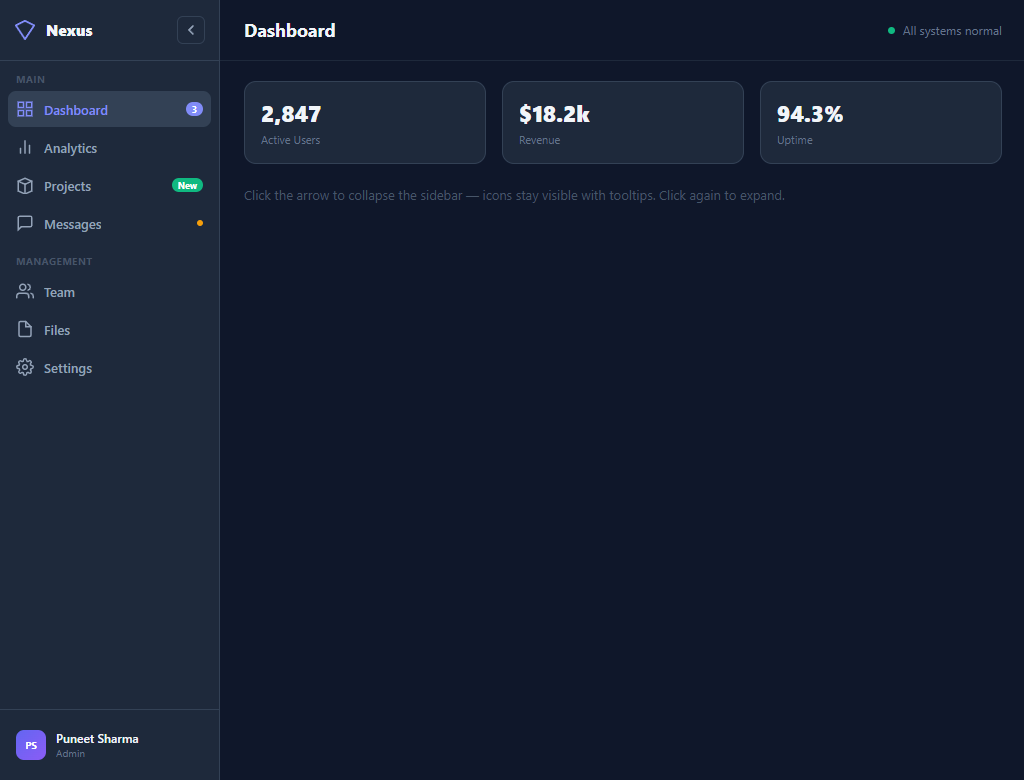 Screenshot of the Collapsible Sidebar Nav snippet rendered live