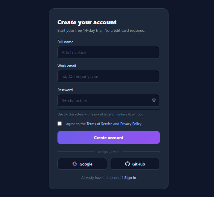 Screenshot of the Signup Form snippet rendered live