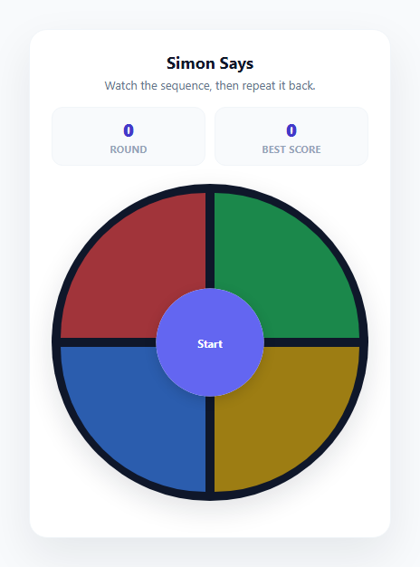 Screenshot of the Simon Says Color Sequence Game snippet rendered live