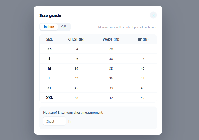 Screenshot of the Size Guide Modal snippet rendered live
