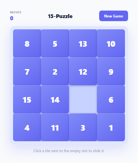 Screenshot of the Sliding Number Puzzle (15-Puzzle) snippet rendered live