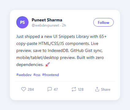 Screenshot of the Social Post Card snippet rendered live
