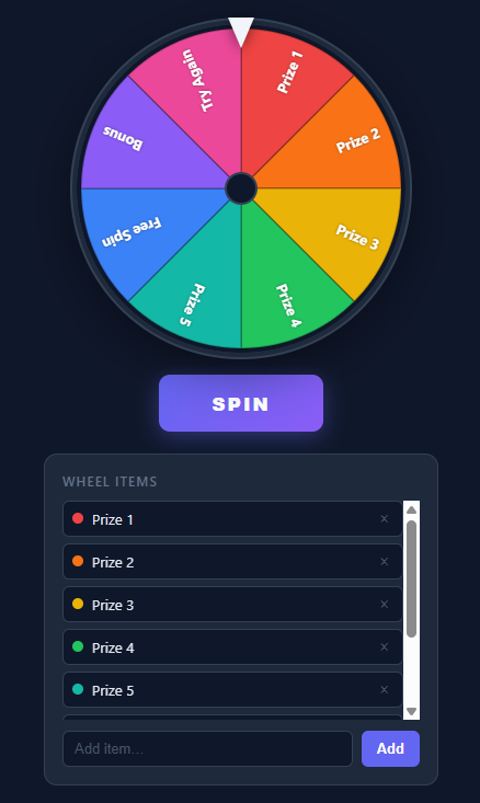 Screenshot of the Spin the Wheel snippet rendered live