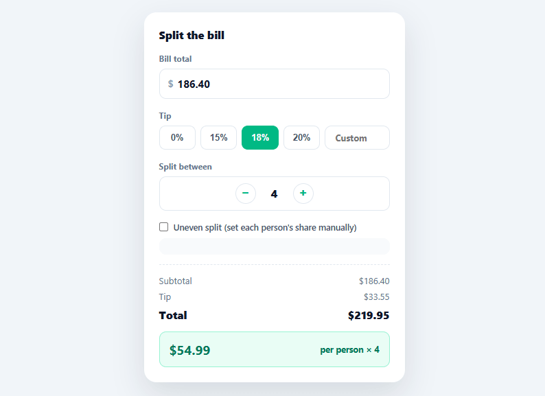 Screenshot of the Split Payment Calculator snippet rendered live