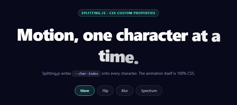 Screenshot of the Splitting.js CSS Stagger snippet rendered live