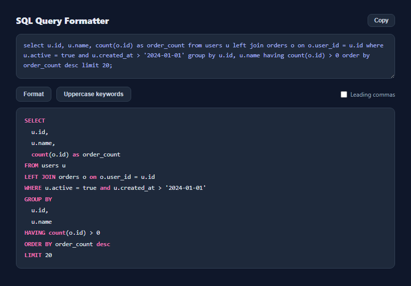 Screenshot of the SQL Query Formatter snippet rendered live