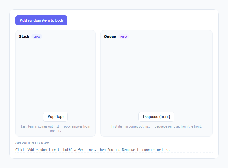 Screenshot of the Stack vs Queue Visualizer snippet rendered live