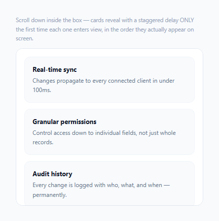 Screenshot of the Staggered Reveal on Scroll — IntersectionObserver, One Timer snippet rendered live