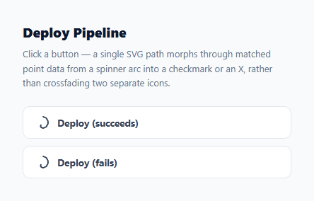 Screenshot of the Status Icon Morph — Spinner to Check/Cross snippet rendered live