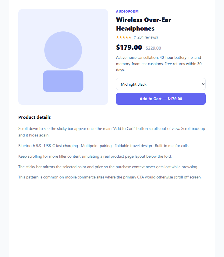Screenshot of the Sticky Add to Cart Bar snippet rendered live