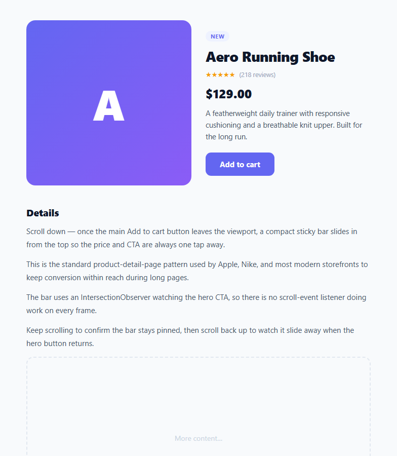 Screenshot of the Sticky Product Bar snippet rendered live