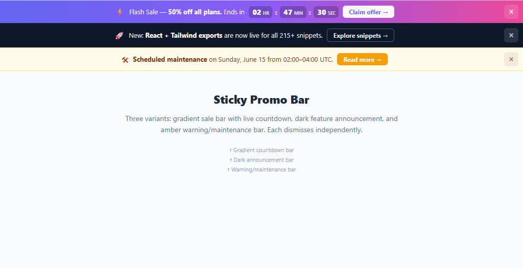 Screenshot of the Sticky Promo Announcement Bar snippet rendered live
